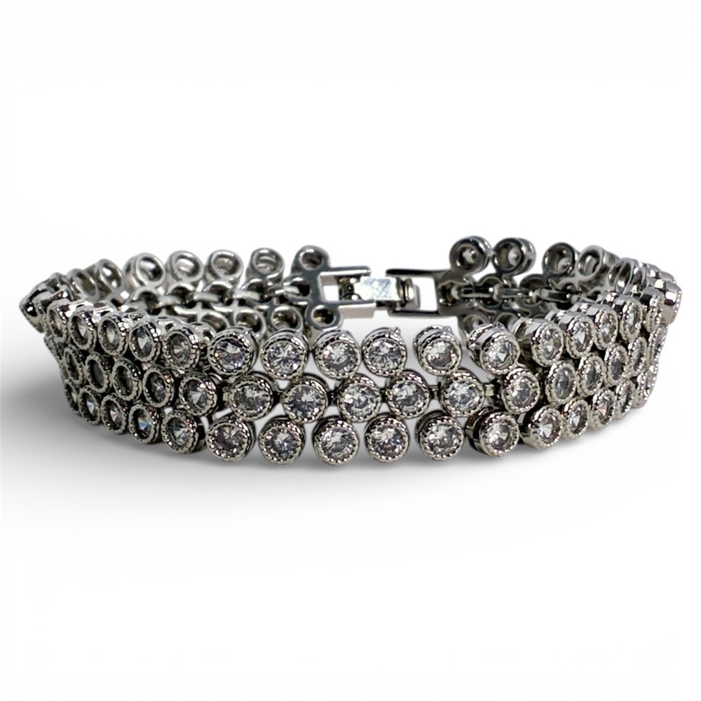 Three Row Tennis Bracelet Silver Tone Vintage Mid Century Modern Style